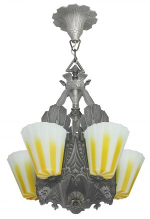 Fabulous Williamson Slip Shade Art Deco Five Slip Shade Chandelier (ANT-1138)