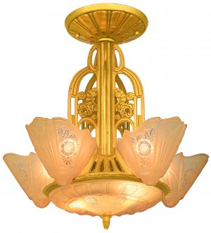 American Art Deco 5-Light, 6-Shade, Chandelier by Lightolier (ANT-1248)