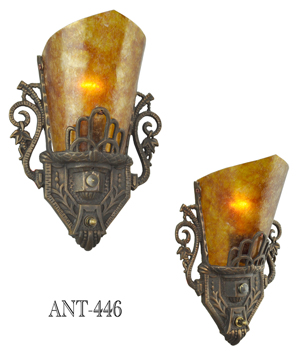 Art Deco Style Pair of Antique Original Restored Wall Sconces with Mica Shades (ANT-446)
