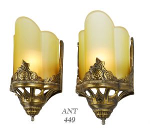 Art Deco Antique Wall Sconces with Amber Serpentine Slip Shades & Floral Motif (ANT-449)