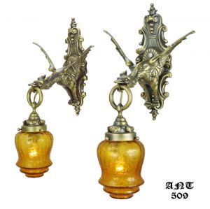 Gothic Victorian Style Antique Brass and Bronze Pair of Mythical Dragon Sconces (ANT-509)