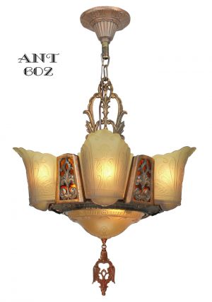 Art Deco Chandelier 6 Light Ceiling Fixture Amber Color Slip Shades (ANT-602)