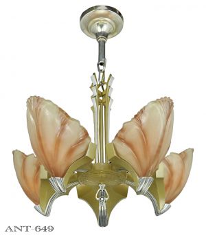 Art Deco Streamline Chandelier w/ Bat Wing or Clam Shell Slip Shades (ANT-649)