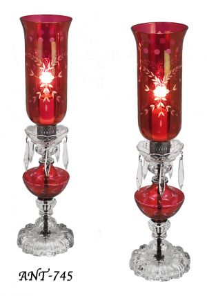 Edwardian Pair of Antique Cut Ruby Glass Table Lamps Crystal Lights (ANT-745)