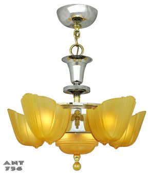 Antique 1930s Streamline Chandelier Art Deco Slip Shade Ceiling Light (ANT-756)