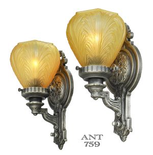 Edwardian Wall Sconces Antique 1920s Pair of Lights with Amber Shades (ANT-759)