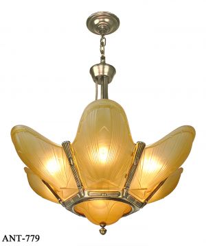 French Art Deco 7 Light Chandelier Vintage Slip Shade Ceiling Fixture (ANT-779)