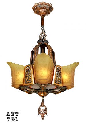 Art Deco Chandelier Antique 5 Light Slip Shade Ceiling Light Fixture (ANT-781)
