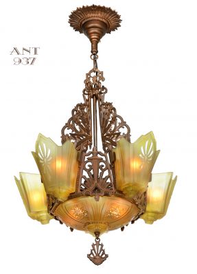 Antique Restored Red-Bronzed Finished Art Deco Slip Shade Chandelier (ANT-937)